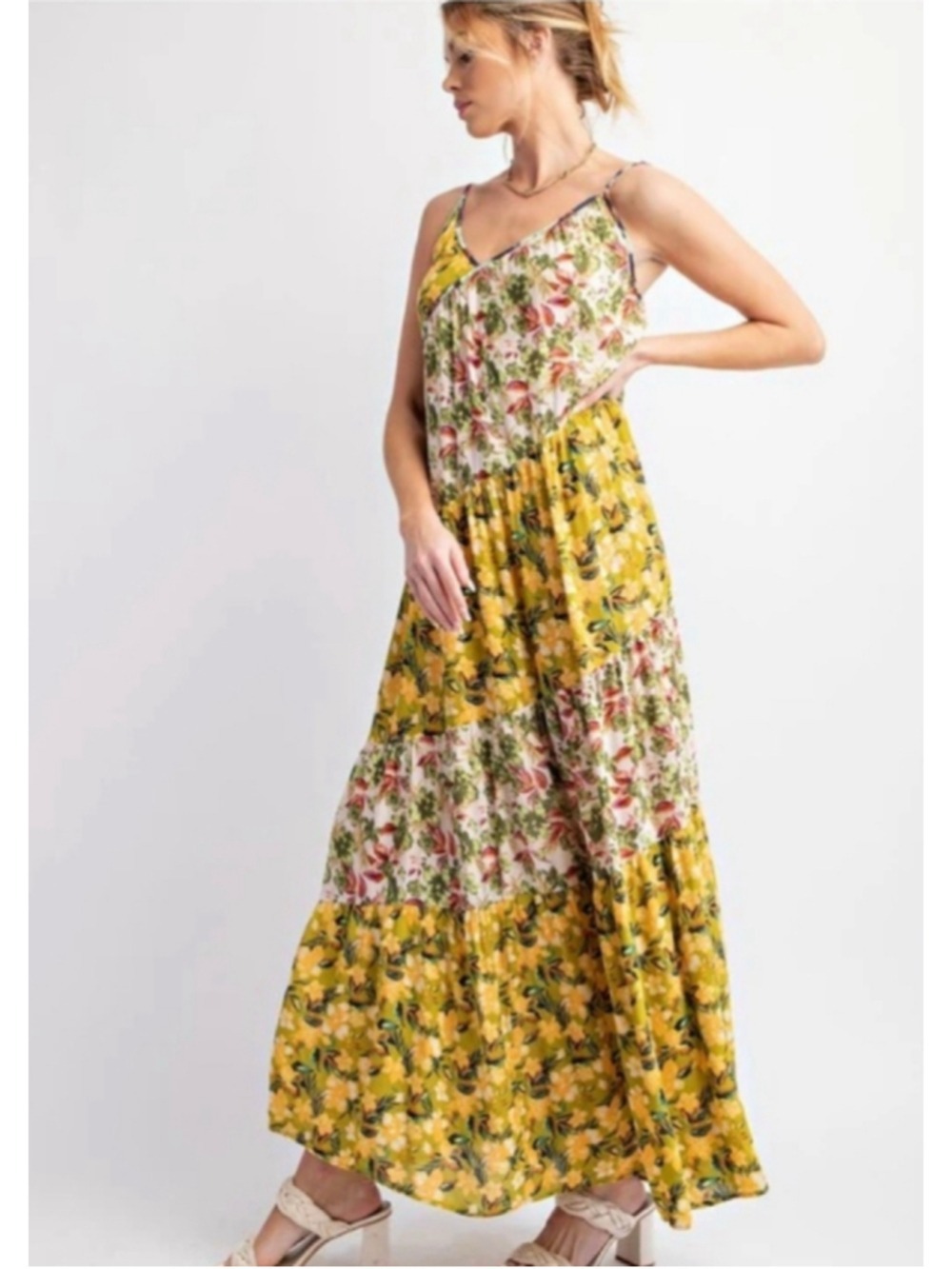 Easel Yellow Floral Print Tiered Patchwork Maxi Sundress Size L (22”-24”PTP) NWT - Picture 3 of 9